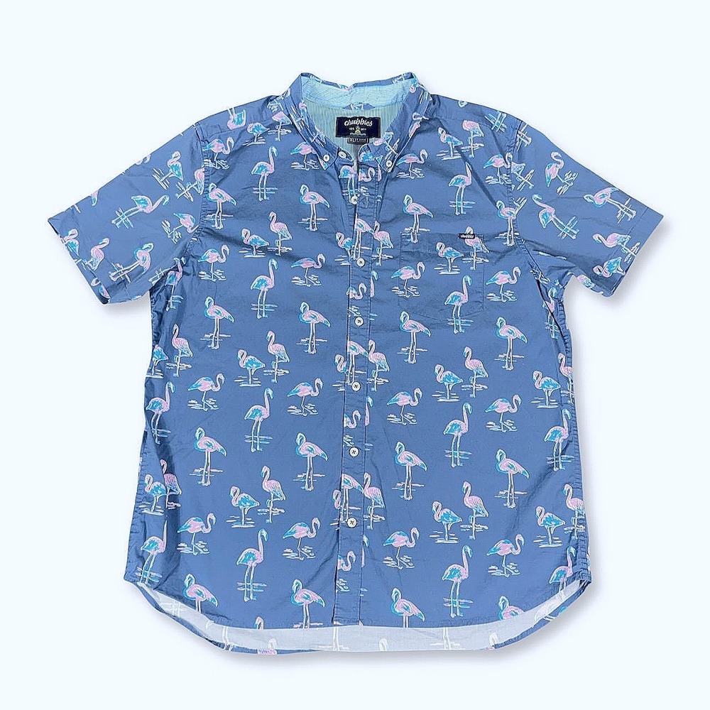Chubbies Mingos Flamingo Short Sleeve Button Down Shirt Mens XL Cotton Blue Pink - Picture 1 of 11